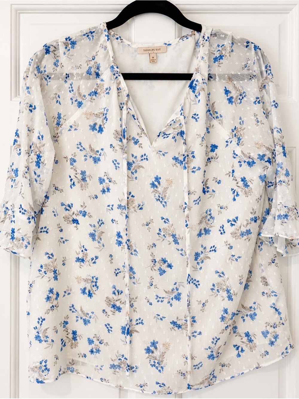 Skies Are Blue Cream Floral V-Neck Semi-Sheer Blouse with Blue Accents